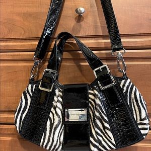 Karen Millen Black patent and zebra purse
